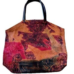 VTG Leather Artsy Purse Jungle Hippo Giraffe Made N India Shoulder Tote Red RARE